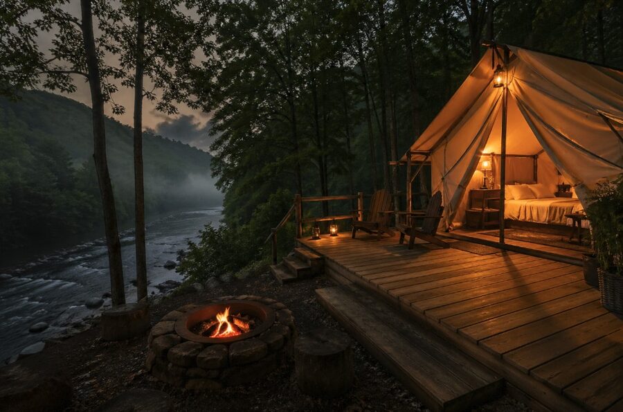 Walk-in tent site in the woods near the river